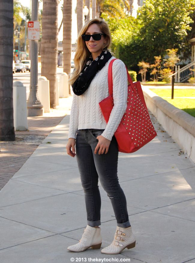 Cotton On cable knit sweater, Mossimo gray skinny jeans, Charlotte Russe studded triple buckle ankle bootie, Charlotte Russe skull infinity scarf, and Charlotte Russe coral studded tote bag