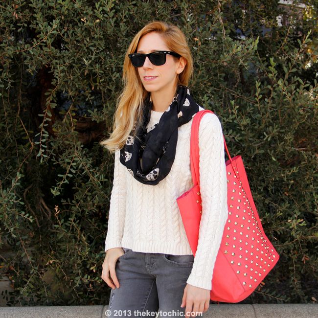 Cotton On cable knit sweater, Mossimo gray skinny jeans, Charlotte Russe skull infinity scarf, and Charlotte Russe coral studded tote bag