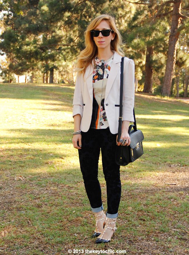 Los Angeles fashion blogger The Key To Chic wears a Phillip Lim for Target peplum top in paper floral print, Charlotte Russe blazer, Mossimo brocade jeans, and studded kitten heels