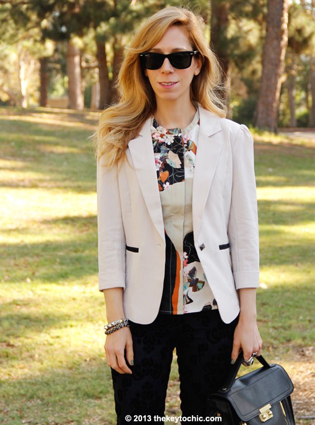 Phillip Lim for Target peplum top in paper floral print, Charlotte Russe beige blazer