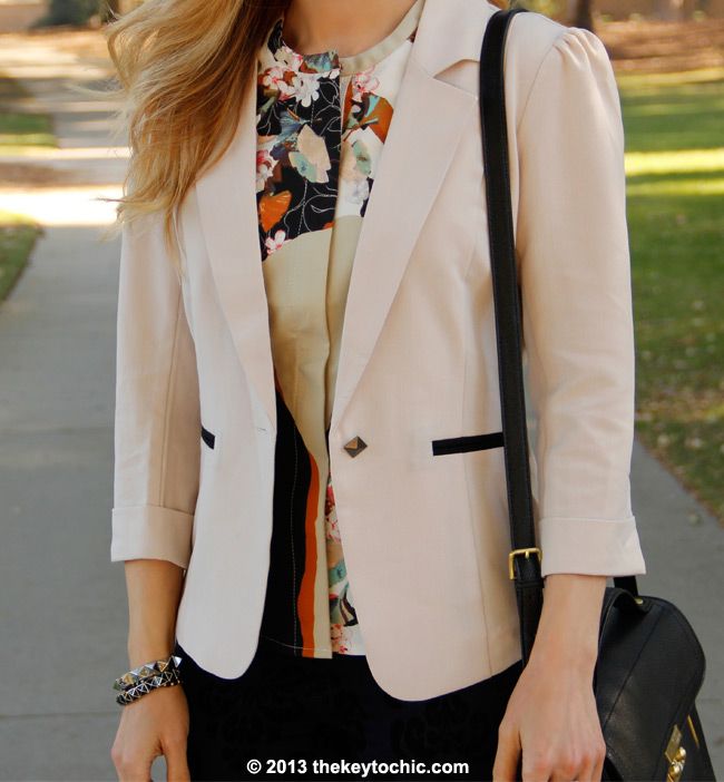 Phillip Lim for Target peplum top in paper floral print, Charlotte Russe beige blazer