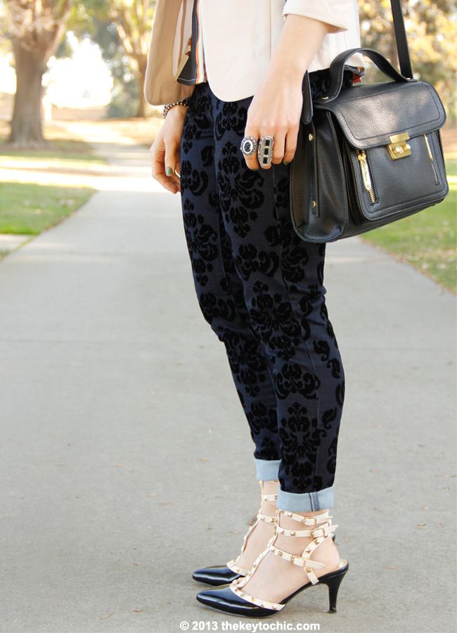 Phillip Lim for Target black satchel, Mossimo velvet print brocade jeans, Valentino Rockstud look alike heels