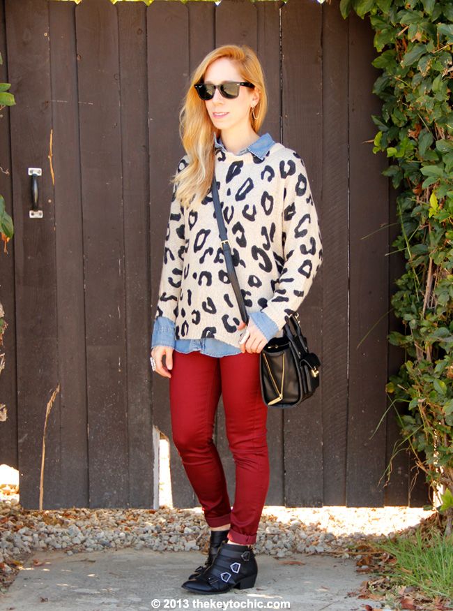 Charlotte Russe leopard print sweater and burgundy skinny jeans, Sam & Libby for Target Paxton boots, Phillip Lim for Target black mini satchel