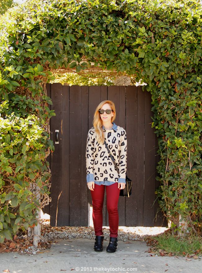 Charlotte Russe leopard print sweater and burgundy skinny jeans, Sam & Libby for Target Paxton boots, Phillip Lim for Target black mini satchel
