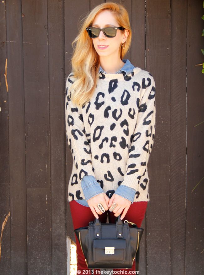 fall 2013 fashion trends at Charlotte Russe, Charlotte Russe leopard print sweater and burgundy skinny jeans, Phillip Lim for Target black mini satchel