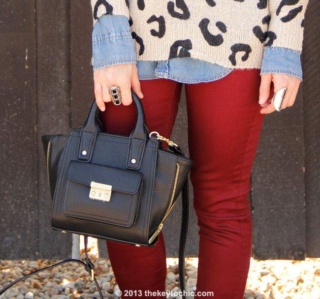Charlotte Russe leopard print sweater and burgundy skinny jeans, Phillip Lim for Target black mini satchel