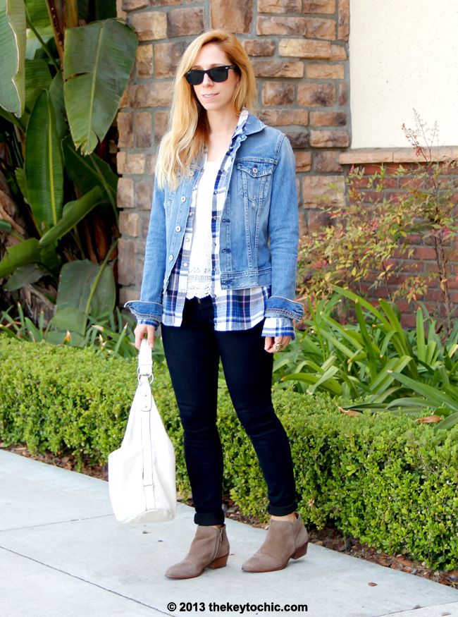 how to wear denim on denim, AG Jeans jacket, flannel shirt, Charlotte Russe skinny jeans, Sam Edelman Petty boots