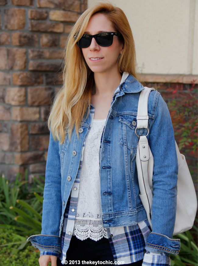 AG Jeans denim jacket with flannel shirt, how to wear fall layers