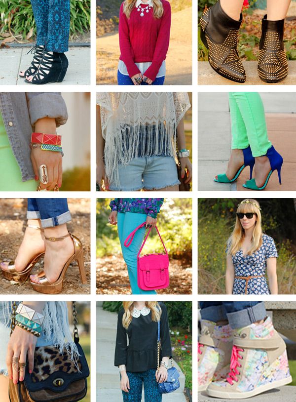 Dolce Vita Rezzie studded boots, Topshop Athlete floral wedge sneakers, Xhilaration black peplum blouse, J Brand turquoise jeans, rose gold platform heels, Zara colorblock ankle strap heels, fringe lace top, pink neon handbag, The Key To Chic