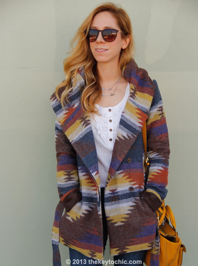 L.A. fashion blogger The Key To Chic wears Old Navy Rockstar jeans,a Phillip Lim for Target mini satchel, and a Mossimo blanket print Western wrap coat