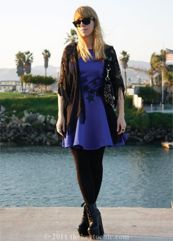 Lauren Nicole fit and flare dress, Lulu's lace fringe kimono, Los Angeles fashion blogger