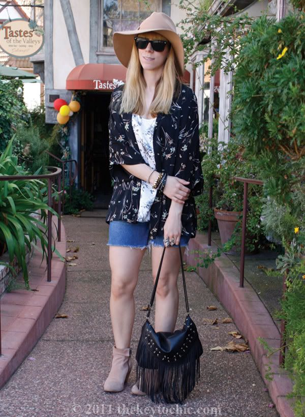 Forever 21 kimono cardigan, H&M fringe handbag, Sam Edelman Louie boots, southern California fashion blog