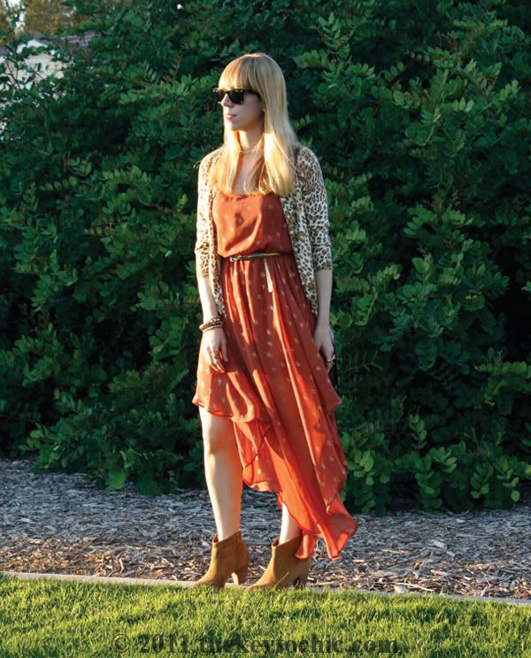 star print asymmetrical dress, leopard cardigan, Aldo Qualheim boots, Los Angeles fashion blog