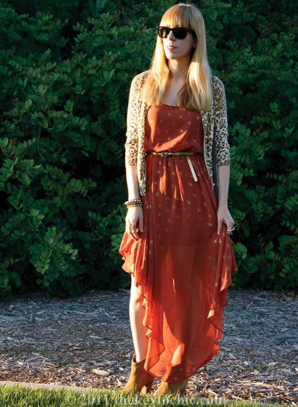 star print asymmetrical dress, leopard cardigan, Aldo Qualheim boots, Los Angeles fashion blog