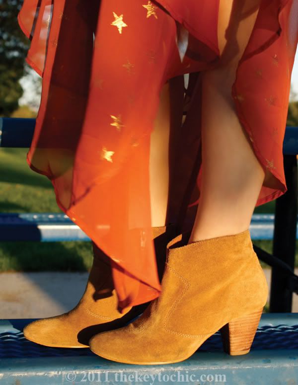 star print dress, tan Aldo Qualheim boots
