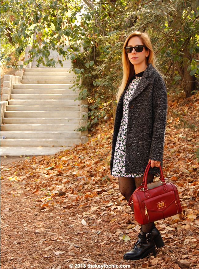L.A. fashion blogger The Key To Chic wears a Motel floral Betty dress, Zara lug sole lace-up boots, Aldo Deniken handbag, and H&M boyfriend coat