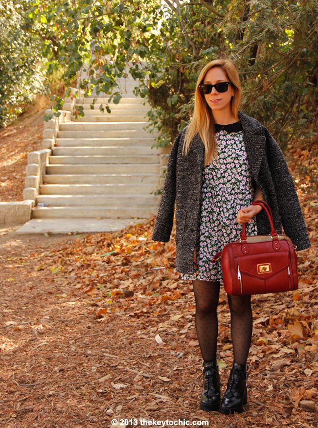 L.A. fashion blogger The Key To Chic wears a Motel floral Betty dress, Zara lug sole lace-up boots, Aldo Deniken handbag, and H&M boyfriend coat