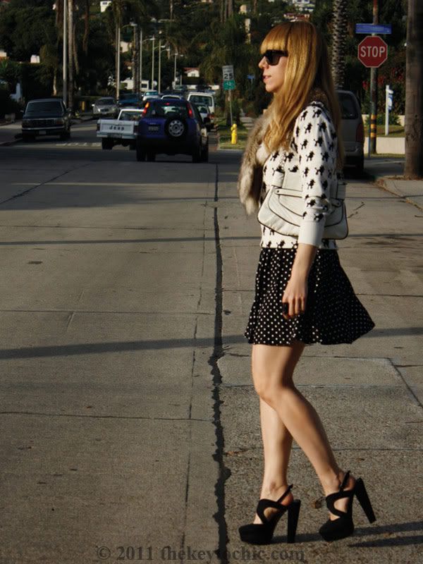 poodle print sweater, polka dot skirt, faux fur scarf, Forever 21 Miu Miu heels, California fashion blogger