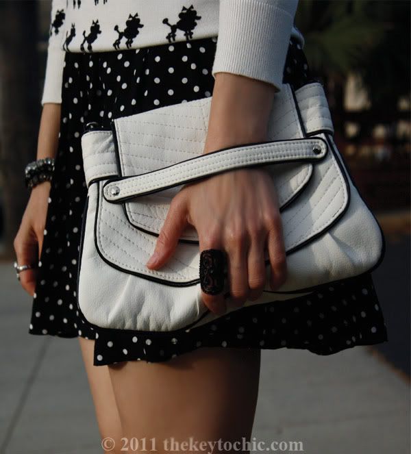 poodle print sweater, polka dot skirt, faux fur scarf, Forever 21 Miu Miu heels, California fashion blogger