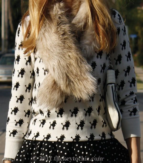 poodle print sweater, polka dot skirt, faux fur scarf, Forever 21 Miu Miu heels, California fashion blogger