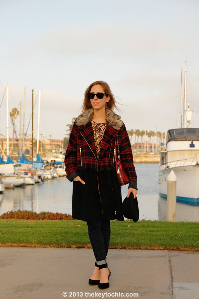 Merona leopard tee, Boohoo Boutique Alexa plaid jacket, Uniqlo skinny jeans, Rebecca Minkoff Swing bag, bowler hat from Target, and Luichiny Law Rence heels