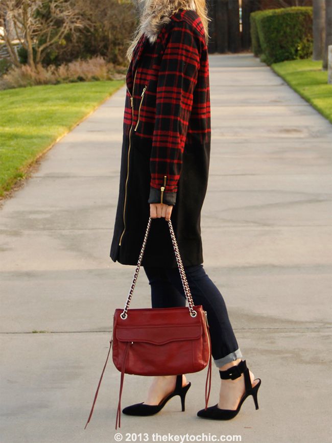 Merona leopard tee, Boohoo Boutique Alexa plaid jacket, Uniqlo skinny jeans, Rebecca Minkoff Swing bag, bowler hat from Target, and Luichiny Law Rence heels