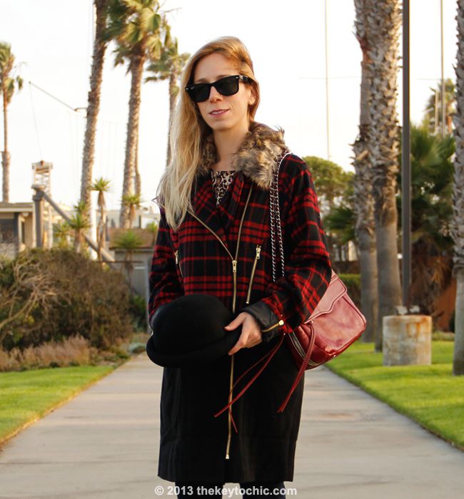 Merona leopard tee, Boohoo Boutique Alexa biker plaid jacket, Uniqlo skinny jeans, Rebecca Minkoff Swing bag, and bowler hat from Target