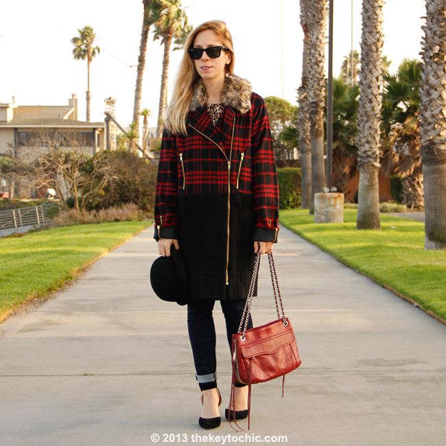 Merona leopard tee, Boohoo Boutique Alexa plaid jacket, Uniqlo skinny jeans, Rebecca Minkoff Swing bag, bowler hat from Target, and Luichiny Law Rence heels