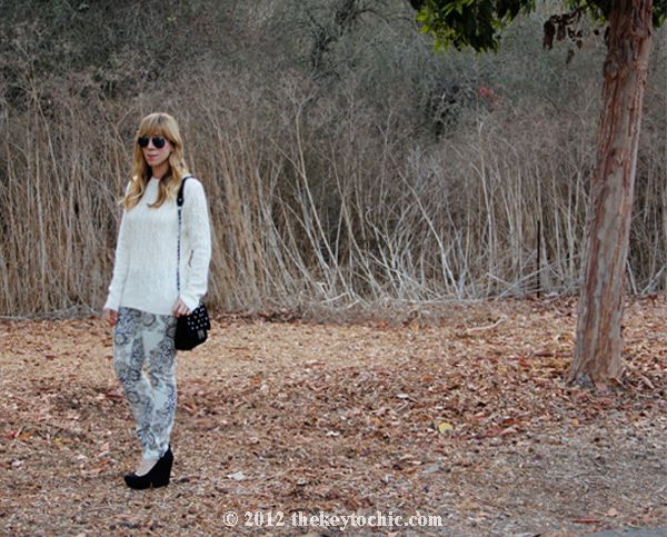 Forever 21 cable knit sweater, Hot Kiss Baroque scarf print jeans, L.A. fashion blog