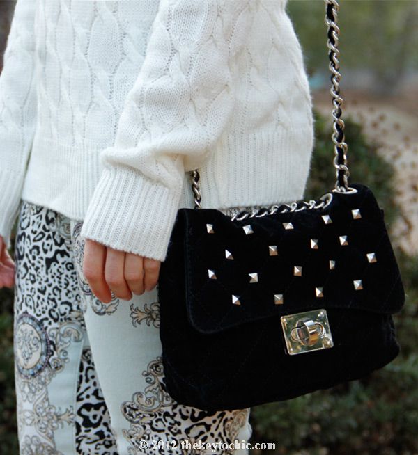 Forever 21 cable knit sweater, Bakers studded handbag, Hot Kiss Baroque scarf print jeans, L.A. fashion blog