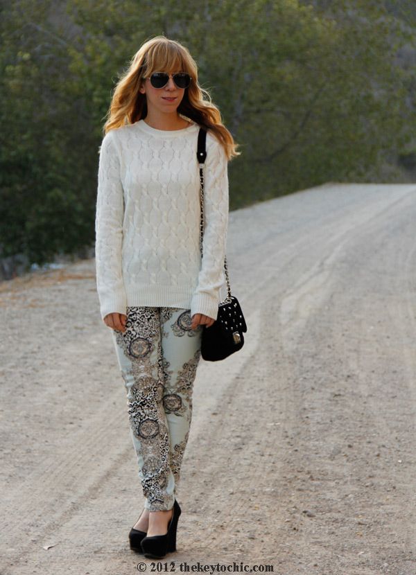 Forever 21 cable knit sweater, Hot Kiss Baroque scarf print jeans, L.A. fashion blog