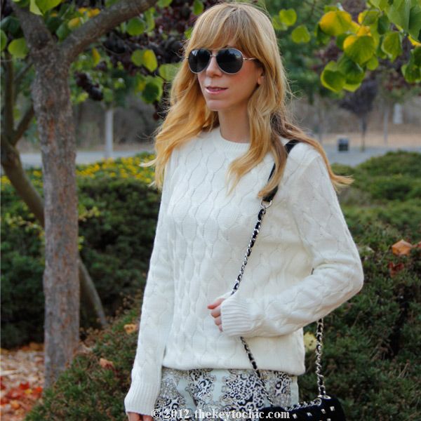 Forever 21 cable knit sweater, Hot Kiss Baroque scarf print jeans, L.A. fashion blog
