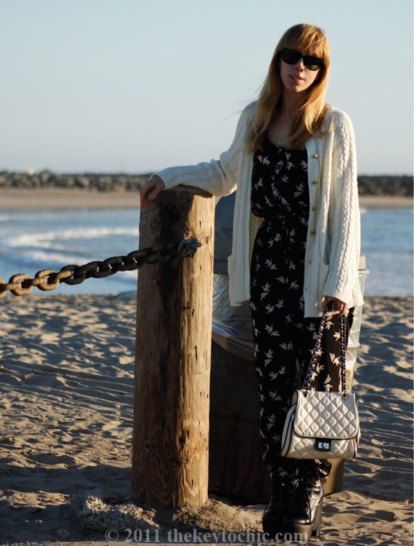 H&M bird print jumpsuit, Jeffrey Campbell Tardy boots, cable knit cardigan, California fashion blog