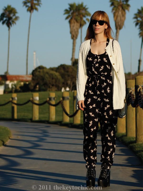 H&M bird print jumpsuit, Jeffrey Campbell Tardy boots, cable knit cardigan, California fashion blog