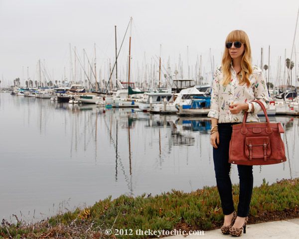 Zara botanical blouse, 7 for all mankind skinny side stripe jeans, Mossimo Paisley leopard print pumps, Chloe Edith handbag in whiskey, Los Angeles fashion blog