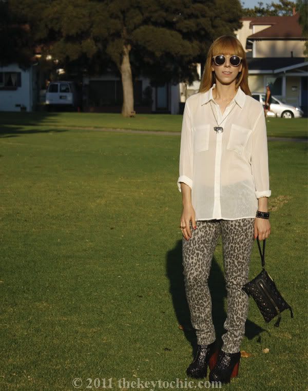 sheer Forever 21 blouse, leopard skinny jeans, Jeffrey Campbell glitter Lita, Erica Anenberg twosome love ring, Los Angeles fashion blog
