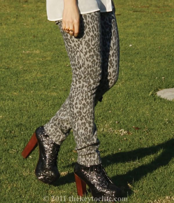 sheer Forever 21 blouse, leopard skinny jeans, Jeffrey Campbell glitter Lita, Los Angeles fashion blog