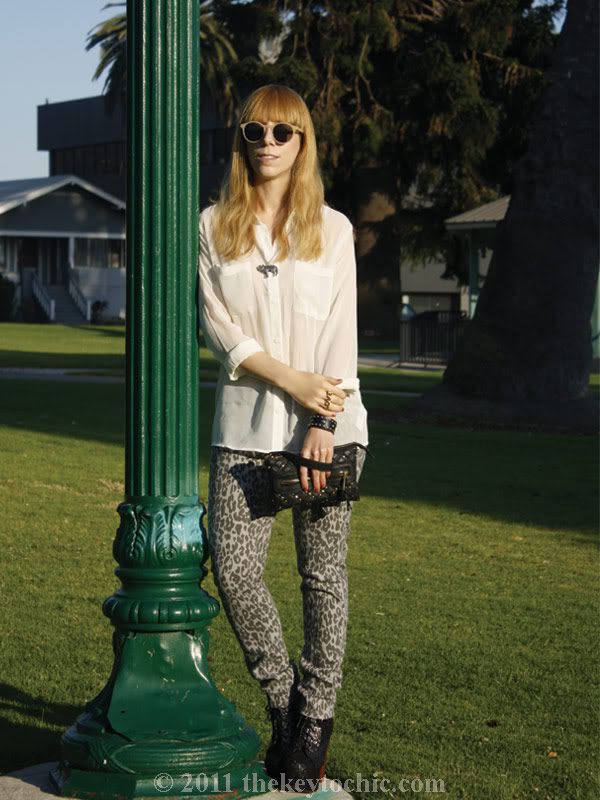 sheer Forever 21 blouse, leopard skinny jeans, Jeffrey Campbell glitter Lita, Los Angeles fashion blog