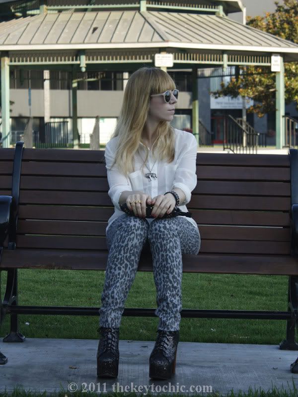 sheer Forever 21 blouse, leopard skinny jeans, Jeffrey Campbell glitter Lita, Los Angeles fashion blog