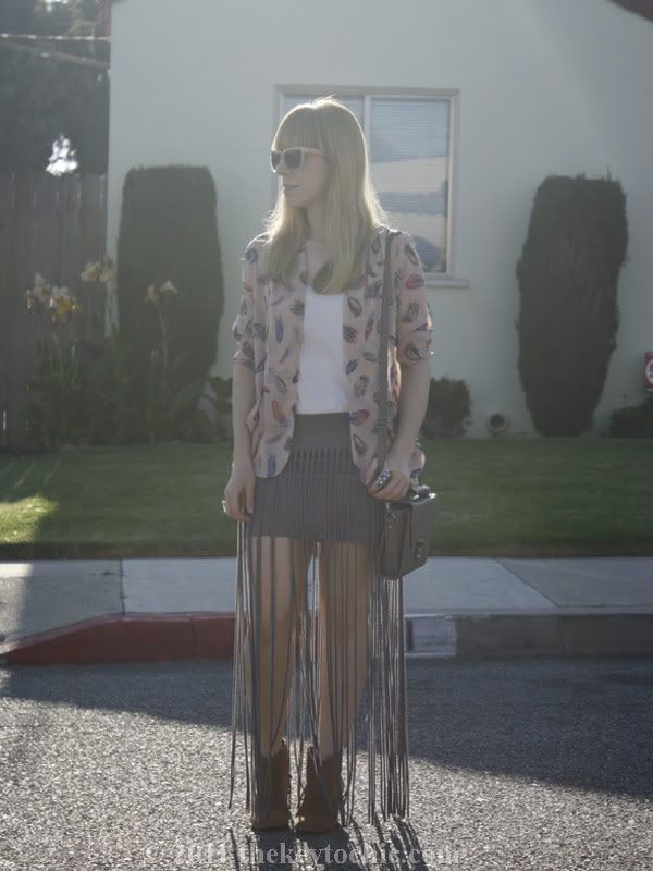 Foreign Exchange fringe skirt, feather cardigan, Aldo Qualheim boots, California fashion blog