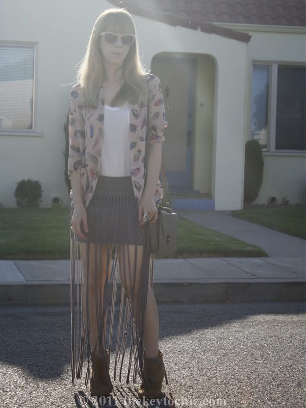 Foreign Exchange fringe skirt, feather cardigan, Aldo Qualheim boots, California fashion blog