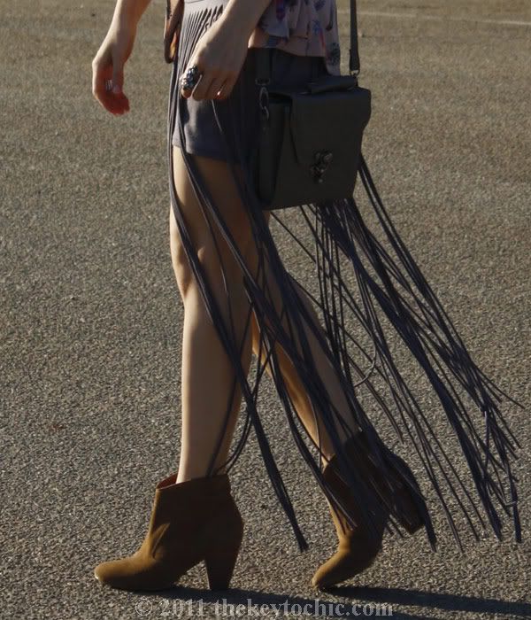 Foreign Exchange fringe skirt, feather cardigan, Aldo Qualheim boots, California fashion blog