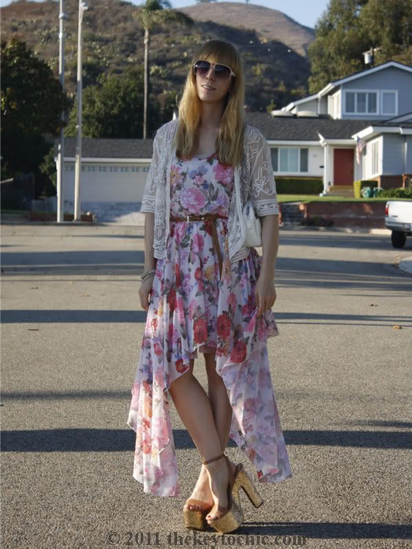 Love asymmetrical floral dress, vintage soutache jacket, Steve Madden Shazzam gold heels, Los Angeles fashion blog