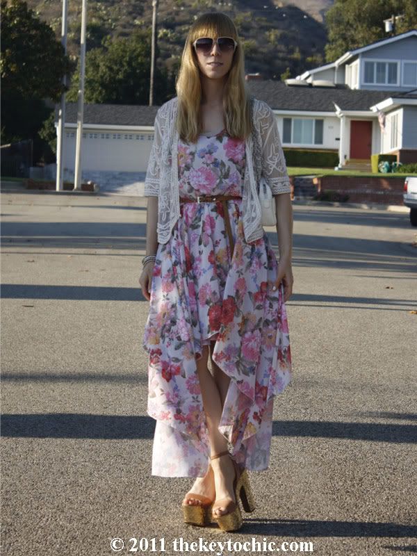 Love asymmetrical floral dress, vintage soutache jacket, Steve Madden Shazzam gold heels, Los Angeles fashion blog