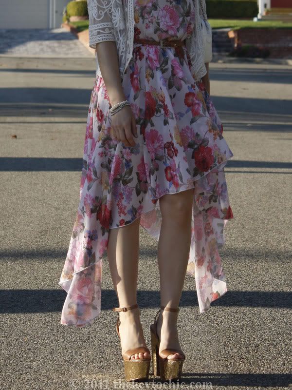 Love asymmetrical floral dress, vintage soutache jacket, Steve Madden Shazzam gold heels, Los Angeles fashion blog