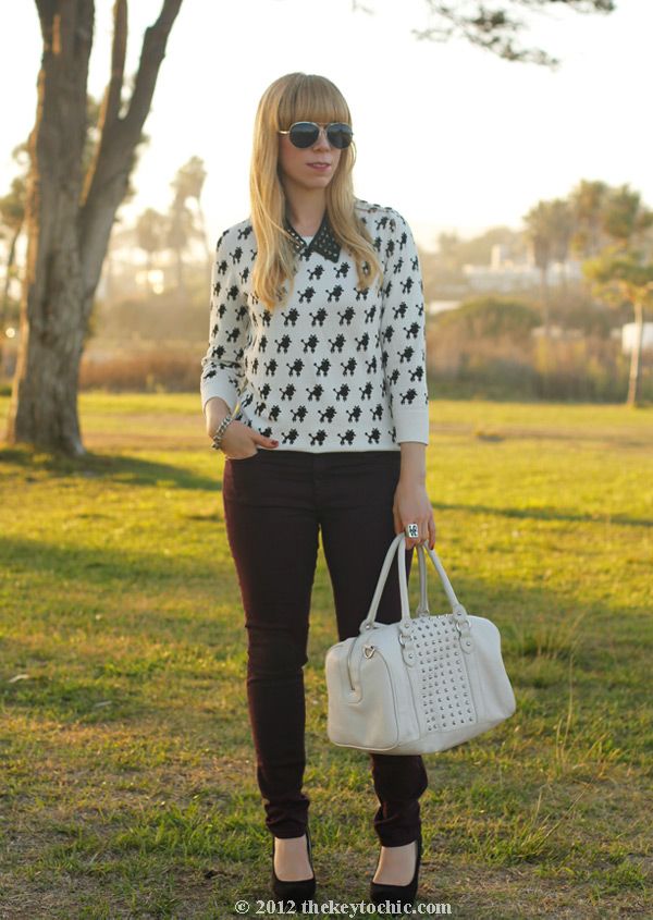 Bakers studded spike collar necklace, Rag & Bone wine skinny jeans, poodle print sweater, platform wedge pumps, Los Angeles fashion blog