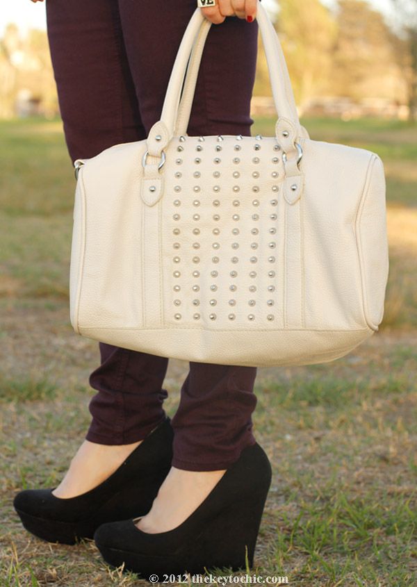 Rag & Bone wine skinny jeans, H&M studded white handbag, platform wedge pumps