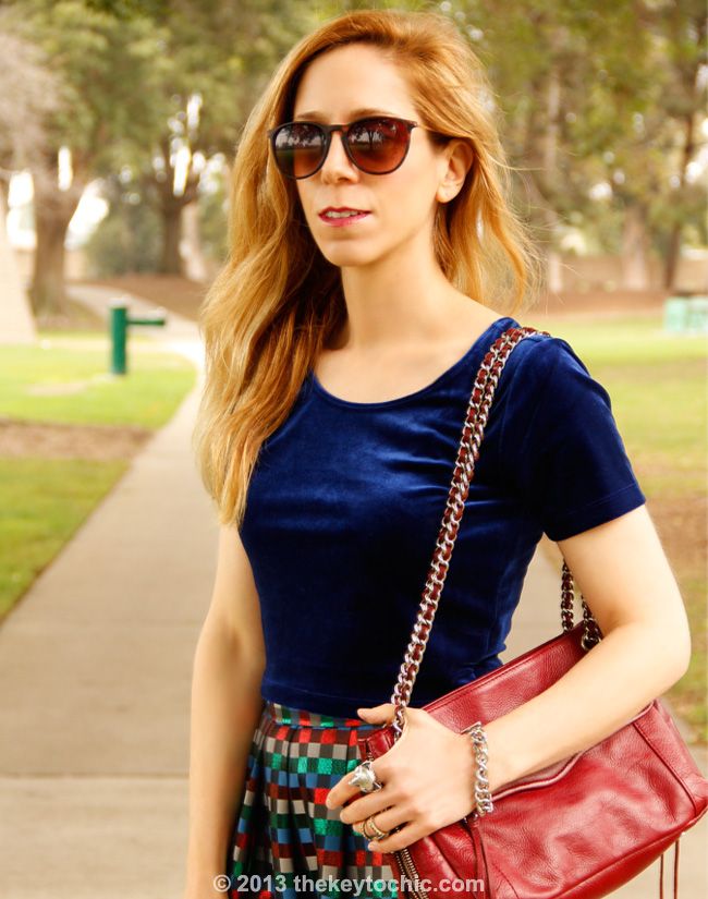 Los Angeles fashion blogger The Key To Chic wearing a Forever 21 velvet crop top and vintage midi skirt with Charlotte Russe laser cut heels.