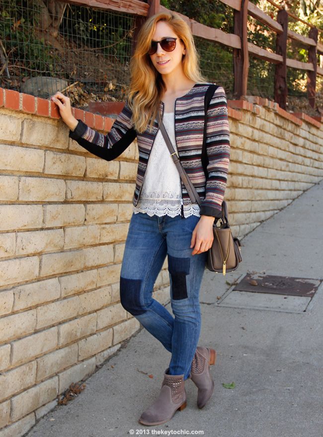 L.A. fashion blogger The Key To Chic wearing H&M jacquard jacket, patchwork jeans, Phillip Lim for Target taupe mini satchel, and Aldo Bibbs boots