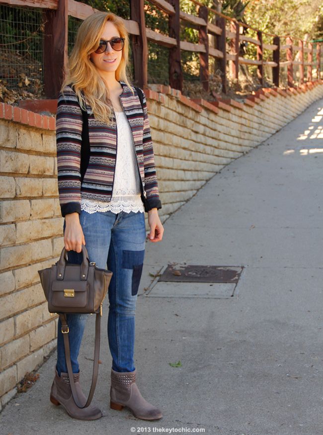L.A. fashion blogger The Key To Chic wearing H&M jacquard jacket, patchwork jeans, Phillip Lim for Target taupe mini satchel, and Aldo Bibbs boots